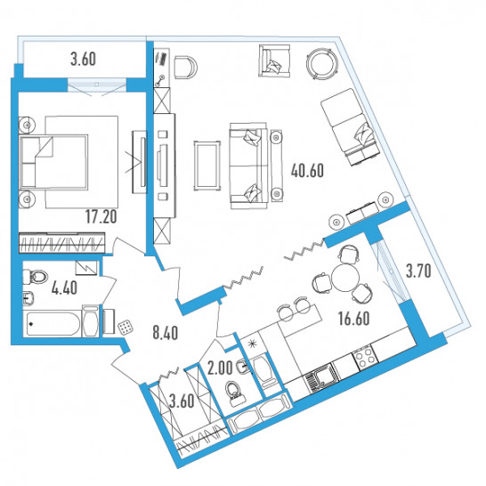 Двухкомнатная квартира 96.5 м²