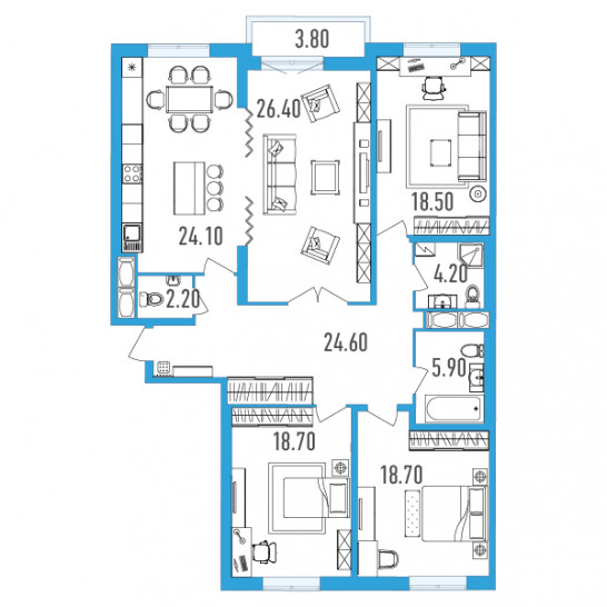 Четырёхкомнатная квартира 145.2 м²