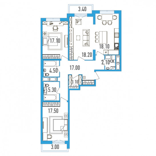 Трёхкомнатная квартира 105.4 м²