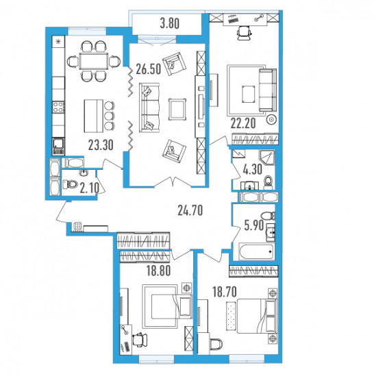 Четырёхкомнатная квартира 148.4 м²