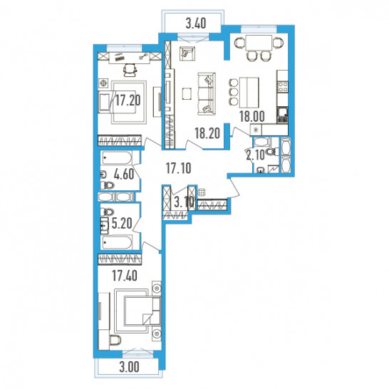 Трёхкомнатная квартира 105.4 м²