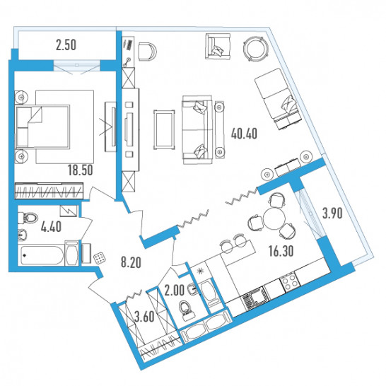 Двухкомнатная квартира 96.7 м²