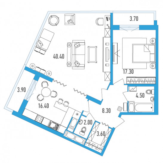 Двухкомнатная квартира 96.4 м²