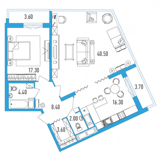 Двухкомнатная квартира 96.2 м²